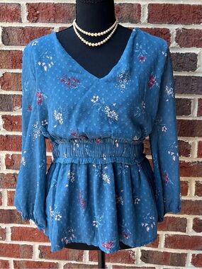Francesca’s Blue Rain vintage turquoise blue floral peplum top - Small